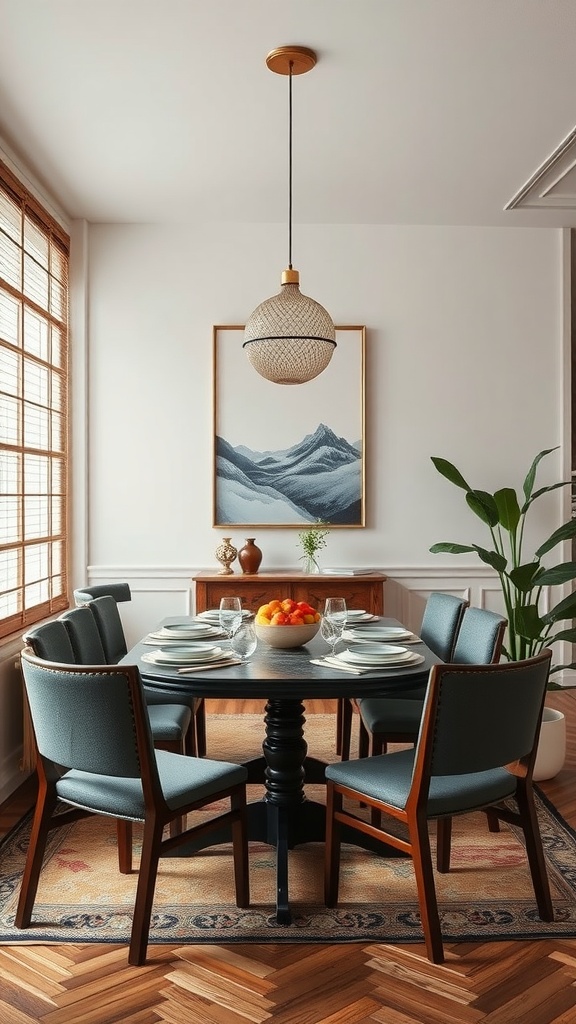A japandi style dining room featuring a round table, blue chairs, and warm wooden accents.