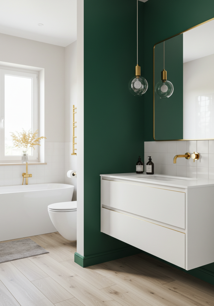A bathroom featuring an emerald green accent wall with gold fixtures.