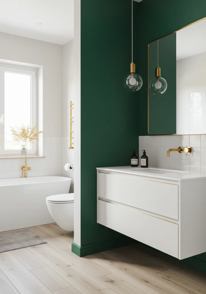 A bathroom featuring an emerald green accent wall with gold fixtures.