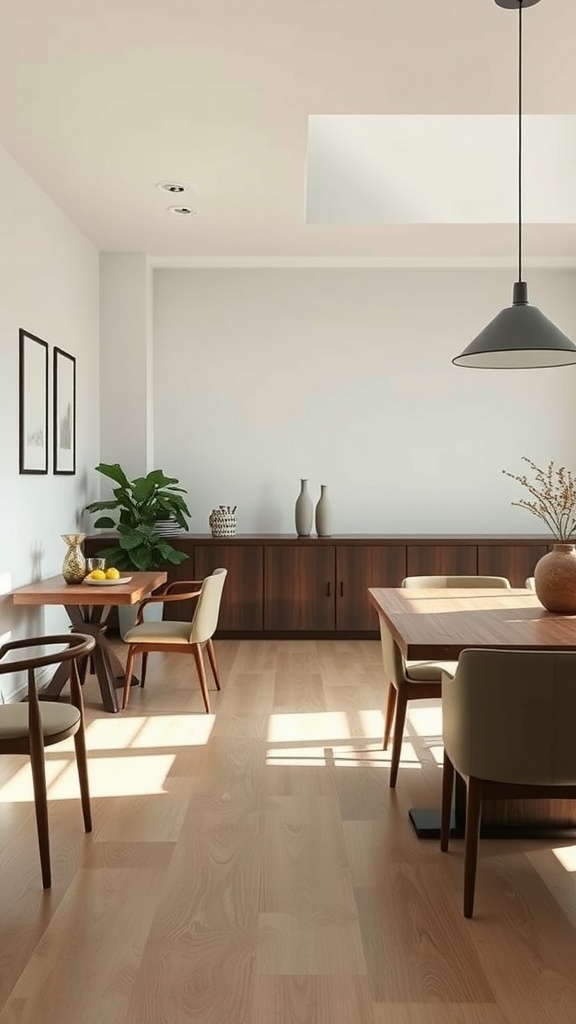 A minimalistic japandi style dining room with wooden furniture and plants.