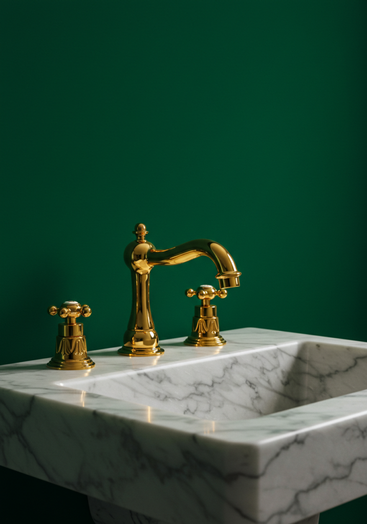 A luxurious bathroom sink with gold faucets and a green background.