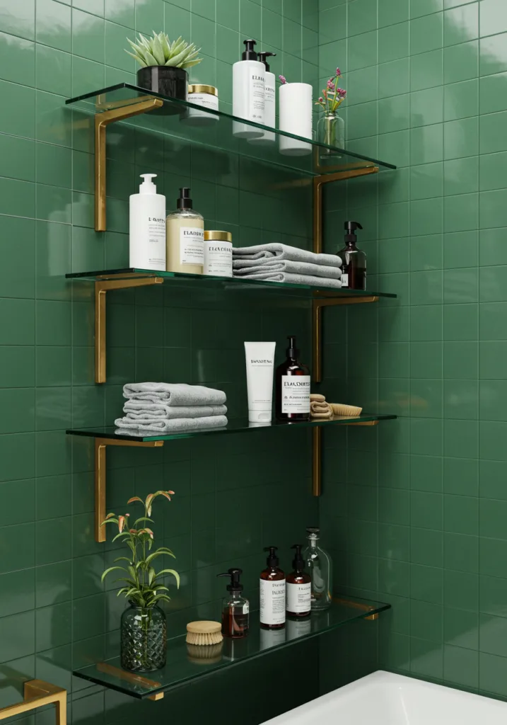 Glass shelves with gold brackets in a green bathroom setting.