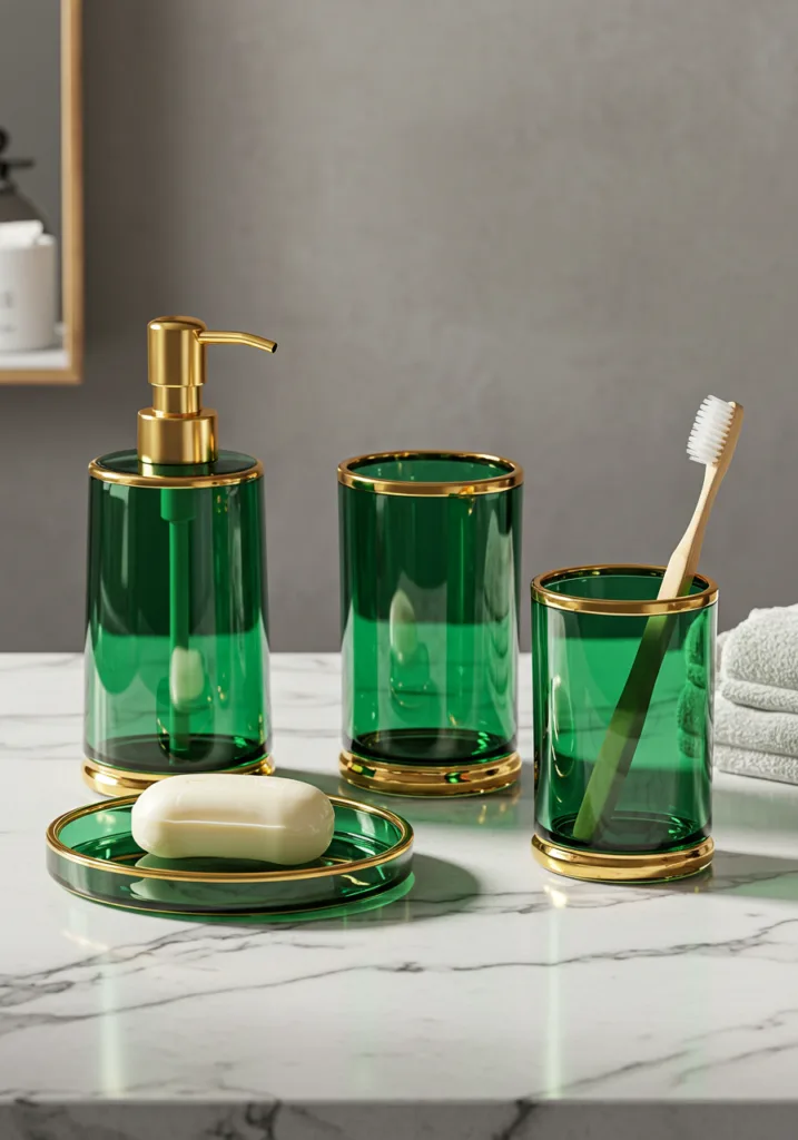 A collection of green glass bathroom accessories with gold accents on a marble countertop.