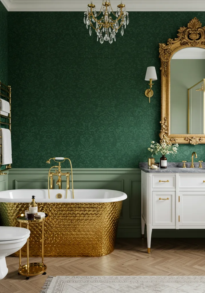 A bathroom with elegant green wallpaper and gold accents, showcasing a stylish decor.