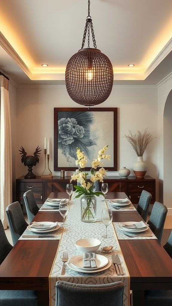 A beautifully styled japandi dining room featuring a large wooden table, elegant table settings, and functional decorative elements.