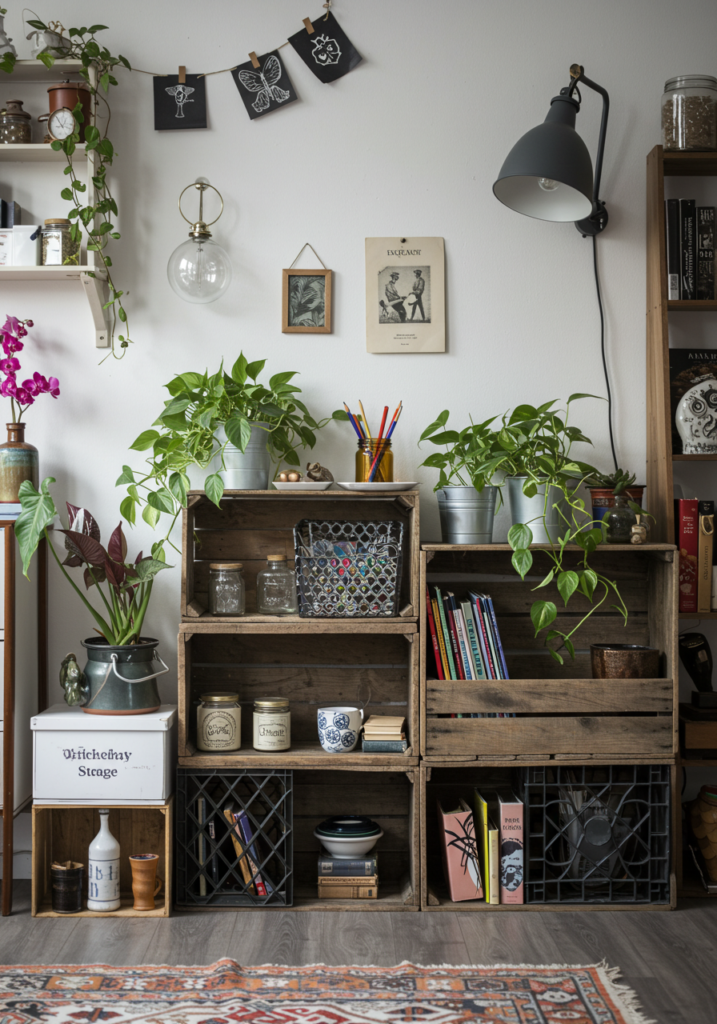 A stylish workspace featuring various storage solutions, including milk crate substitutes, plants, and decorative items.
