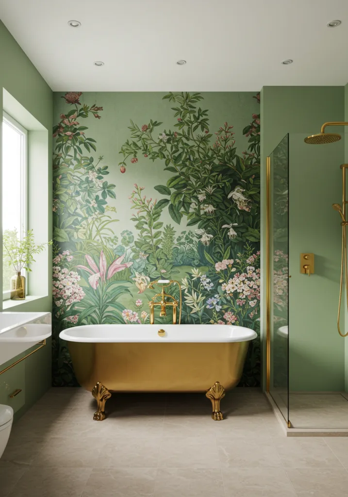 A bathroom featuring botanical wall art, with sage green walls and gold fixtures.