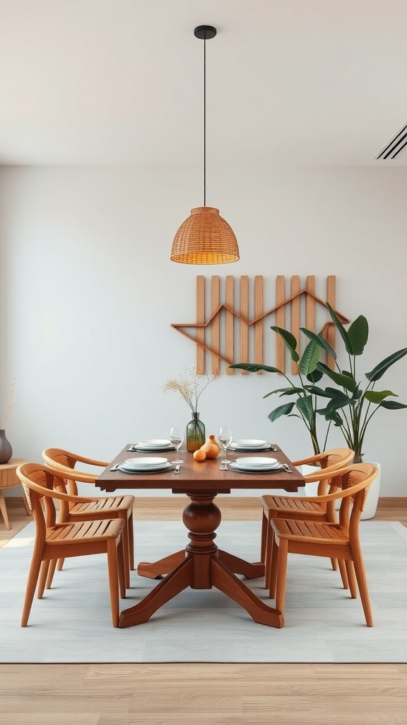 A cozy japandi style dining room with a wooden table and chairs, featuring a hanging light and decorative wall elements.
