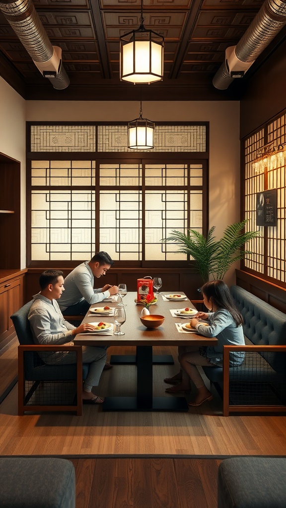 A family enjoying dinner in a japandi style dining room with a wooden table and cozy seating.