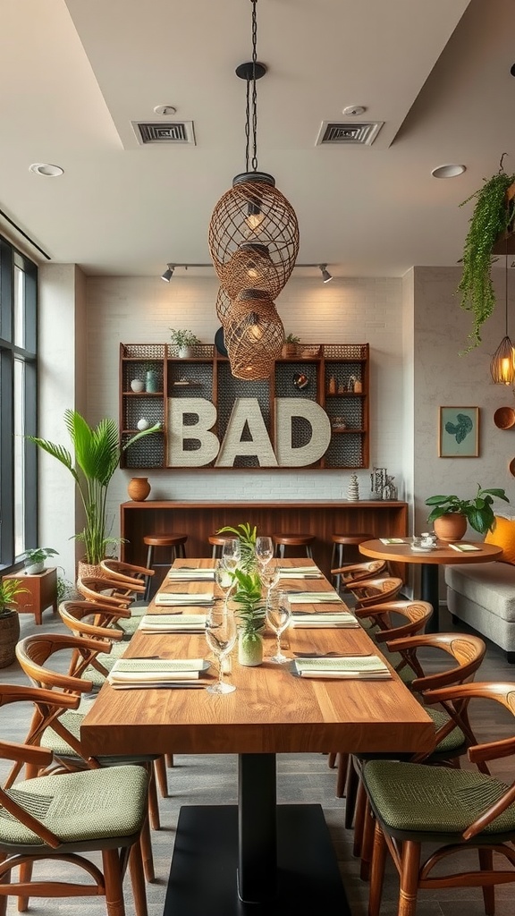 A Japandi style dining room featuring a large wooden table and light wooden chairs.
