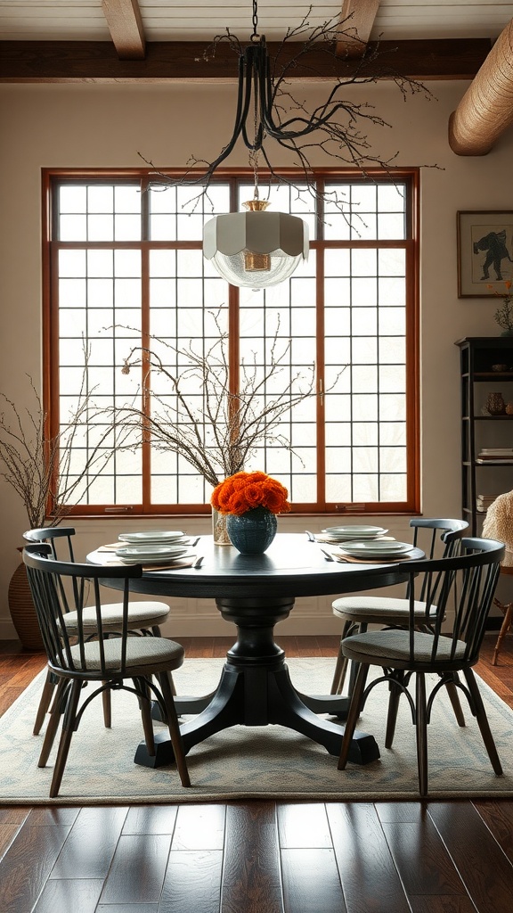 A japandi style dining room featuring a round table, chairs, and seasonal decor.