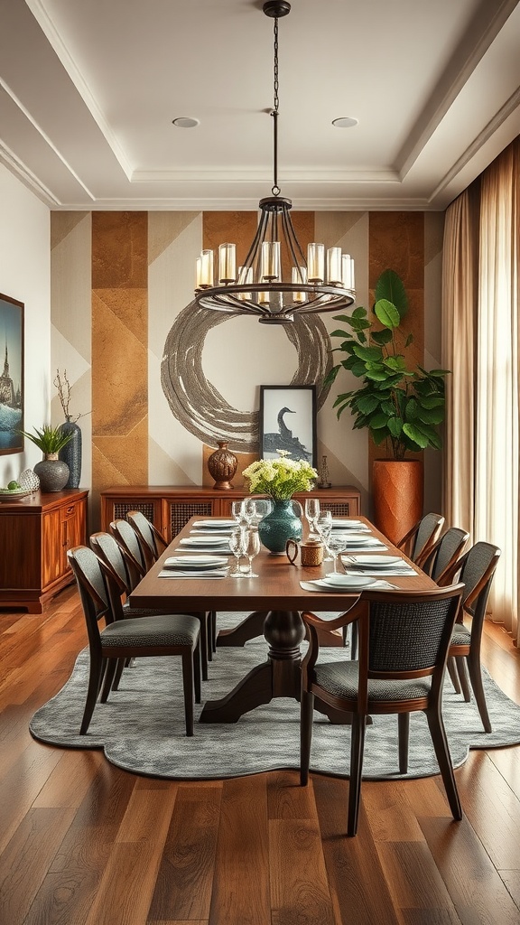 Japandi style dining room featuring a wooden table, elegant chandelier, and natural elements.