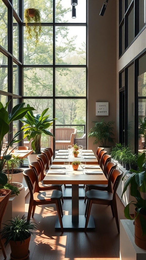 A bright japandi style dining room with large windows and various indoor plants.
