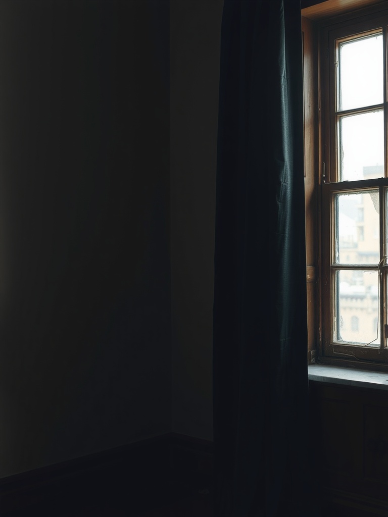 A dimly lit room with dark velvet drapes and a window.