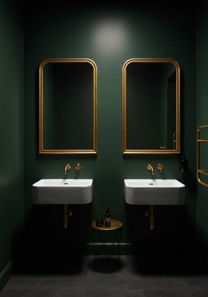 Gold-framed mirrors above sinks in a dark green bathroom