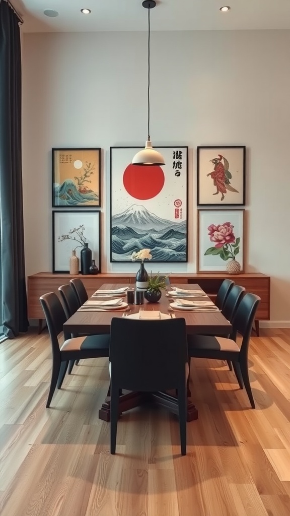 A stylish Japandi style dining room featuring a wooden dining table, black chairs, and art on the walls.