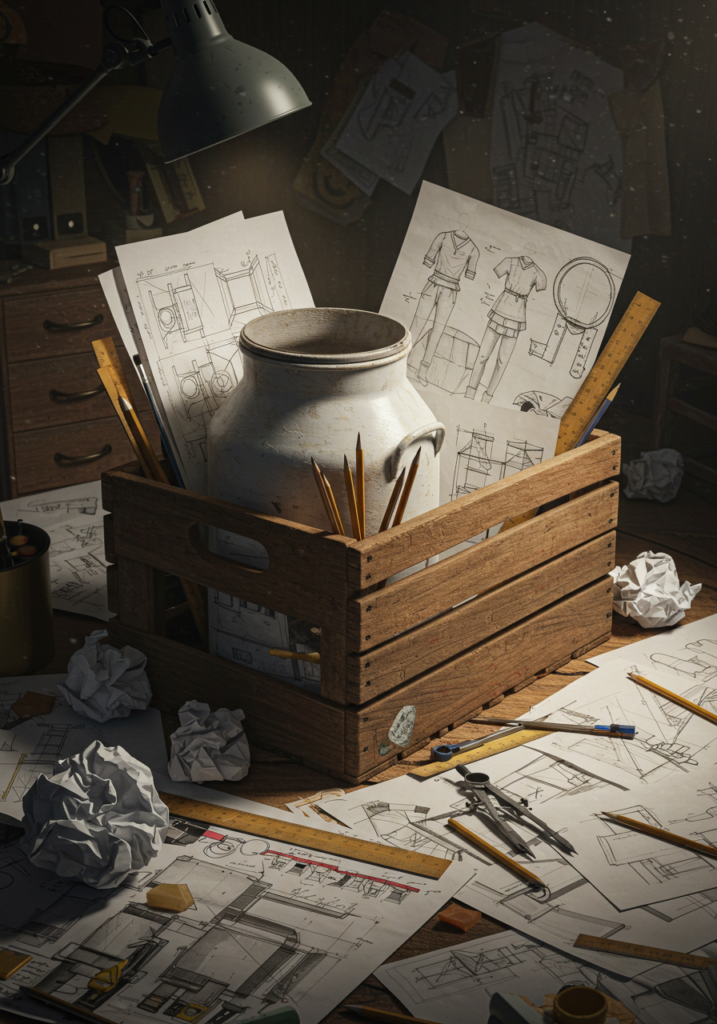 A cluttered workspace with a milk crate at its center, surrounded by various design sketches and tools.