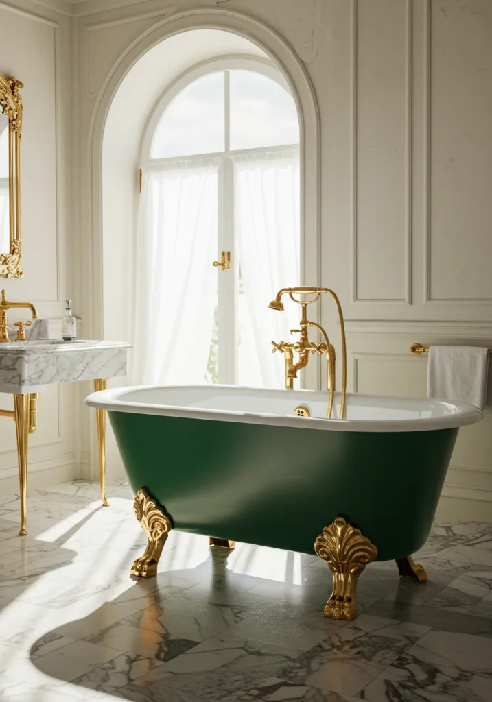 Vintage green bathtub with gold feet in an elegant bathroom setting.