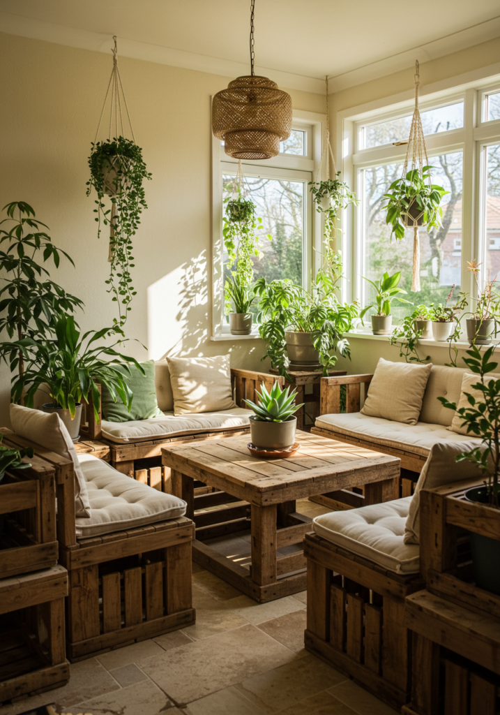 A cozy interior with milk crate furniture and indoor plants