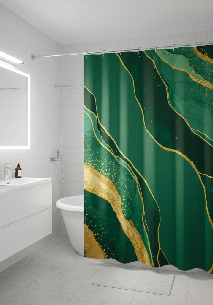 A colorful green and gold shower curtain in a modern bathroom setting