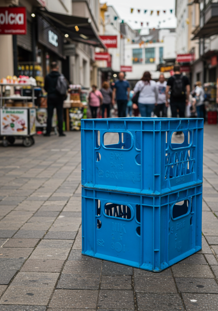 A durable milk crate substitute placed in a busy shopping area