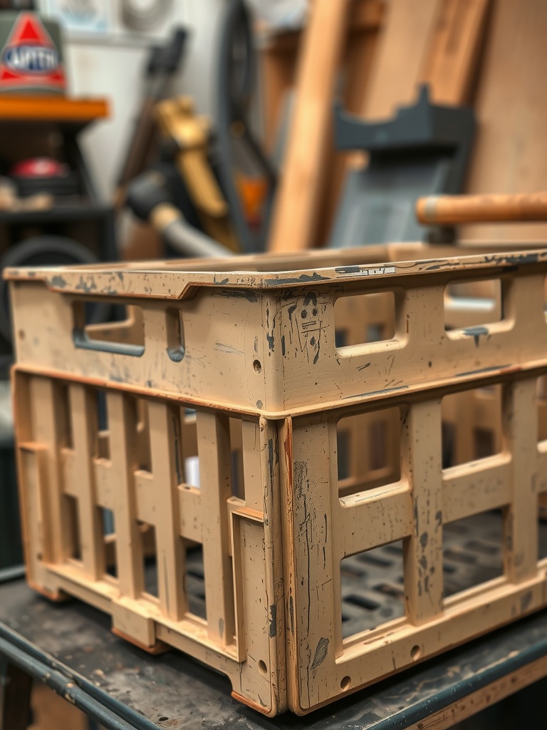 A weathered milk crate on a workbench, surrounded by tools and wooden materials.