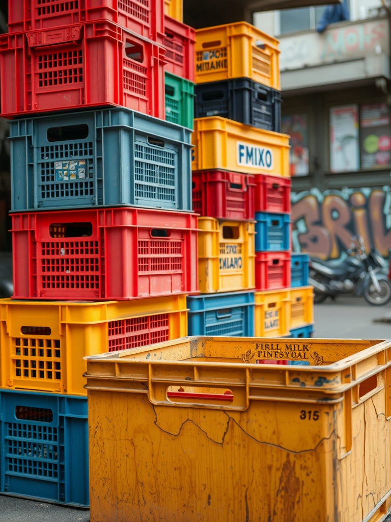 A colorful stack of milk crates in various colors, showing aesthetic variety and stacking potential.