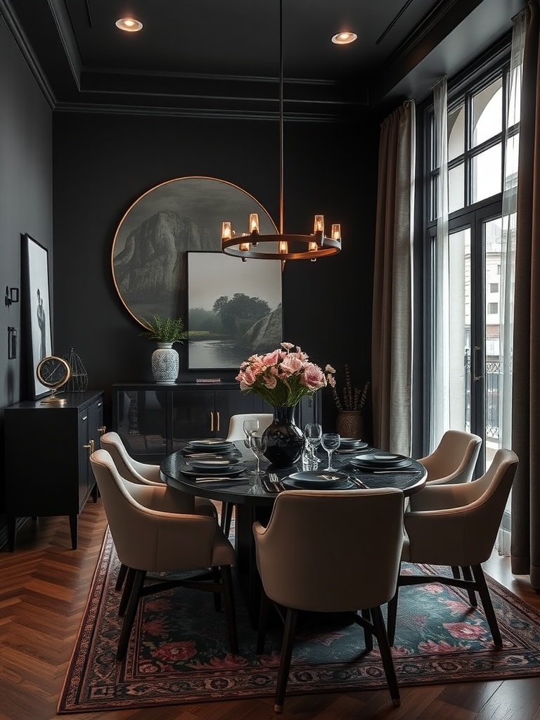 A modern moody dining room featuring dark walls, stylish furniture, and an elegant chandelier.