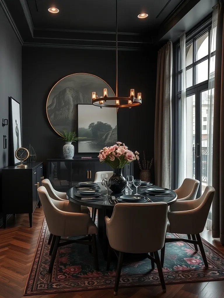 A modern moody dining room featuring dark walls, stylish furniture, and an elegant chandelier.
