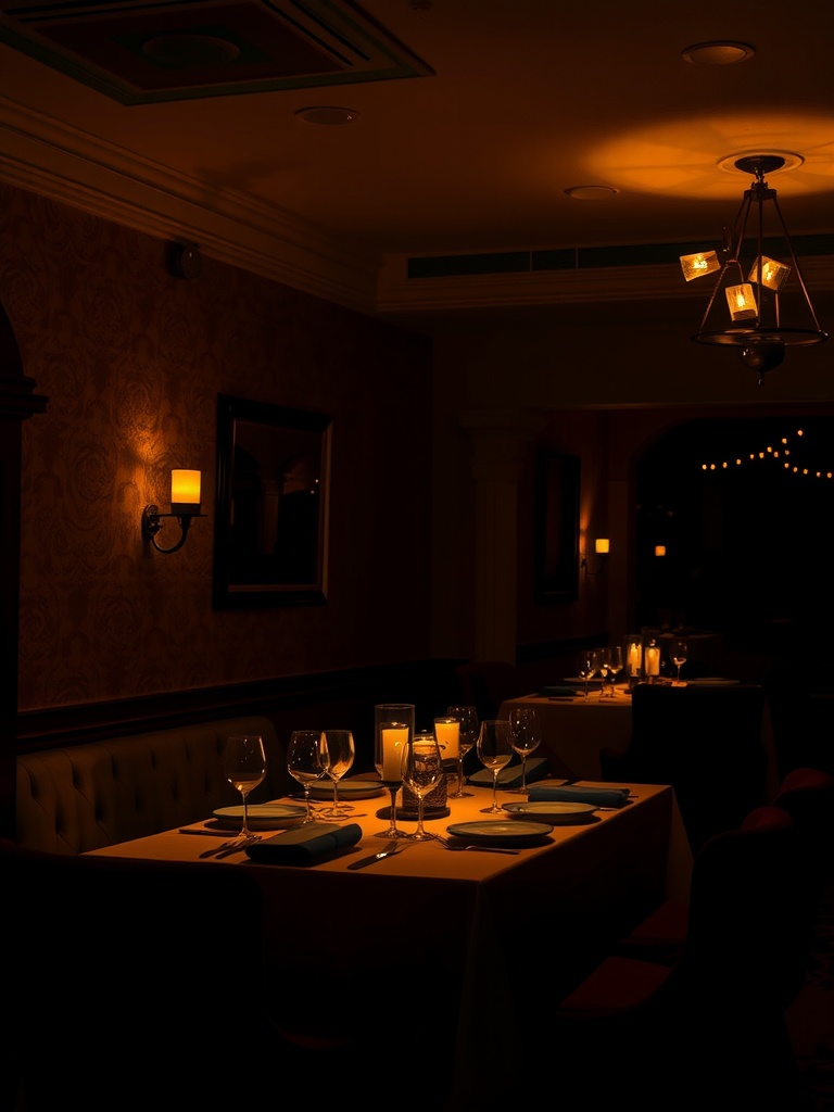 A dimly lit dining room with candles on the tables and elegant glassware.