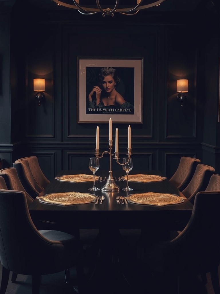 A moody dining room featuring dark walls, elegant table setting, and metallic accents.