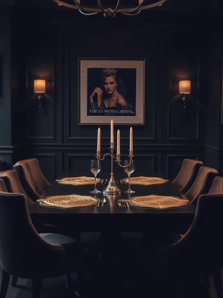 A moody dining room featuring dark walls, elegant table setting, and metallic accents.