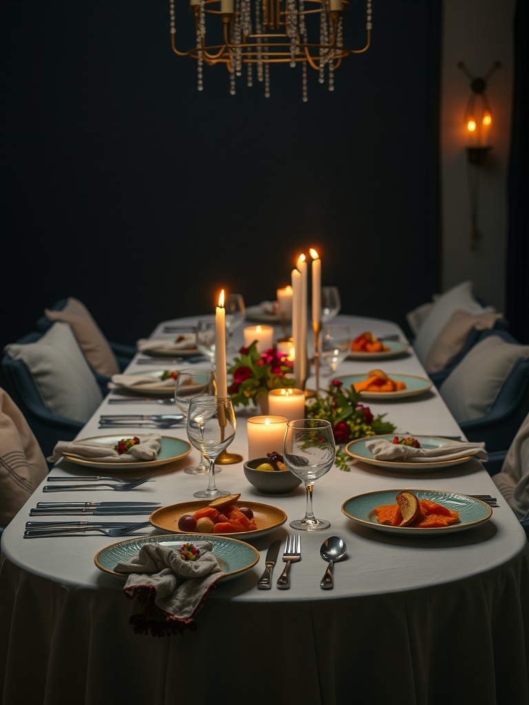 A beautifully set dining table in a moody dining room with candles and decorative plates.