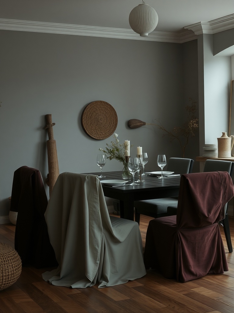 A dark moody dining room with textured fabrics on chairs and a wooden table.