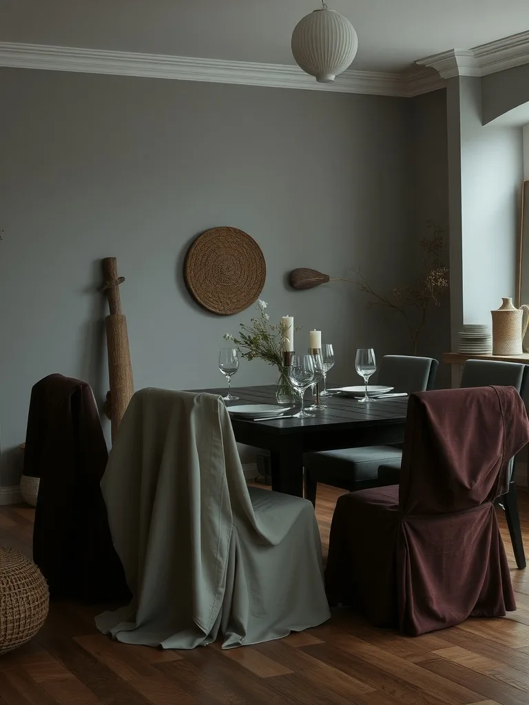 A dark moody dining room with textured fabrics on chairs and a wooden table.