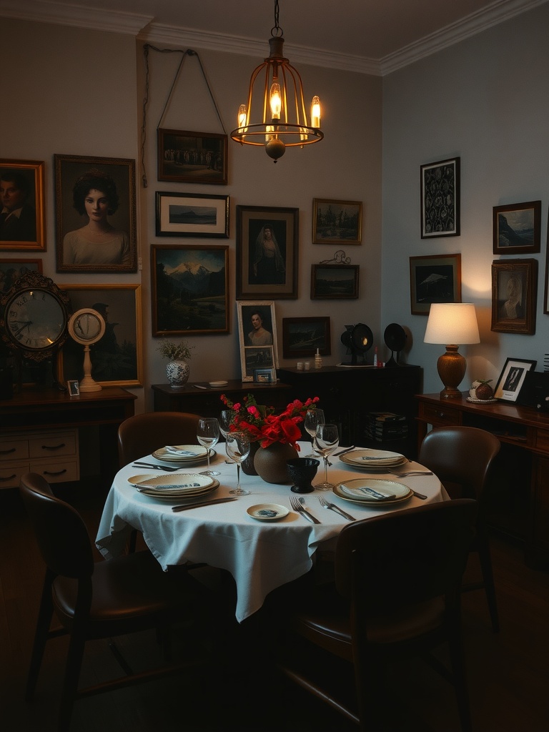 A moody dining room featuring a round table set with plates and glasses, surrounded by framed pictures on the walls.
