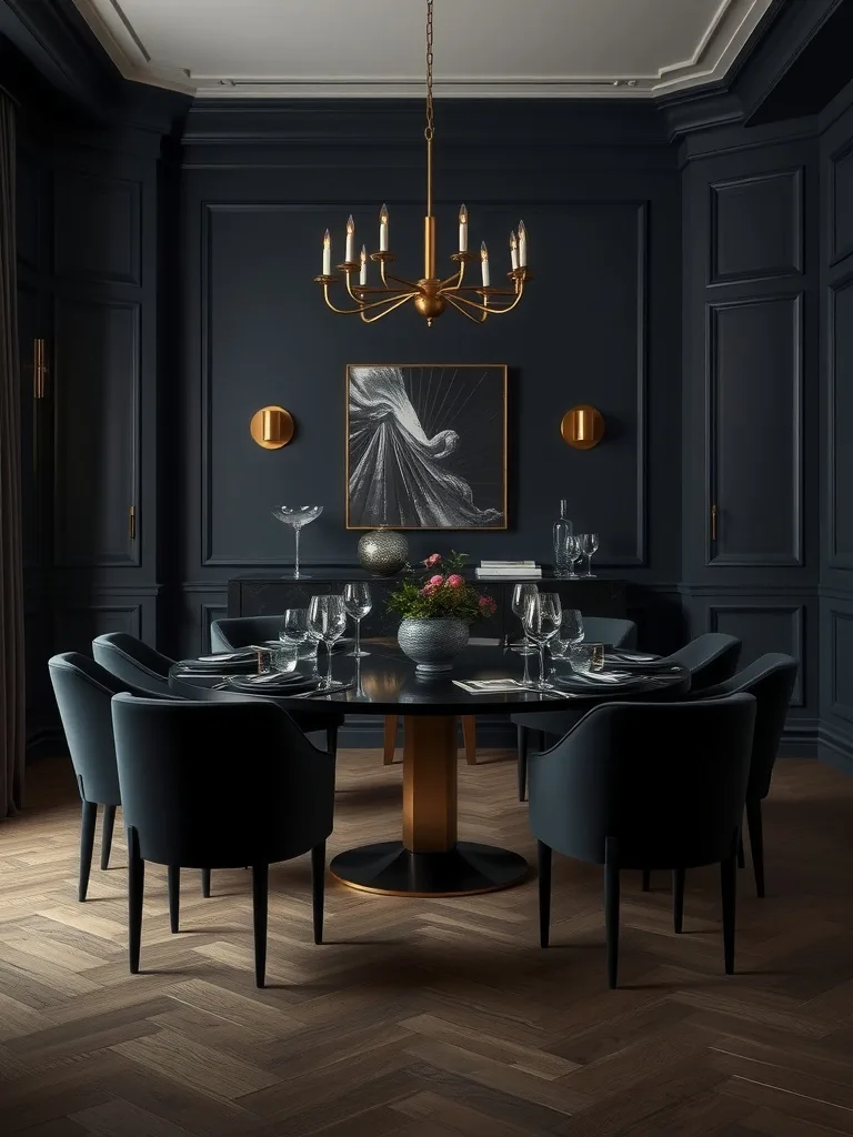 A moody dining room featuring dark walls, elegant furniture, and a stylish chandelier.
