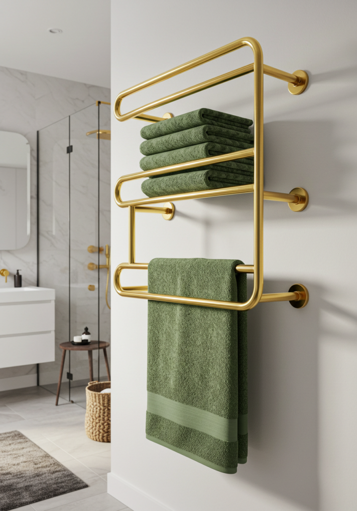 Gold towel racks featuring sage green towels in a modern bathroom setting.