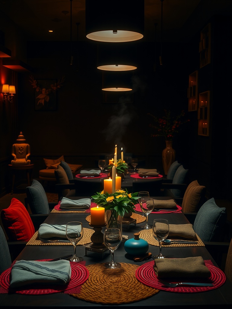 A dark moody dining room with candles, flowers, and colorful table settings.