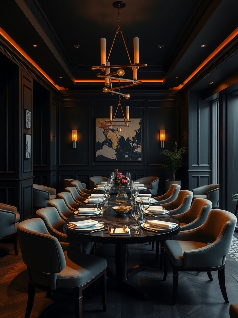 A dark moody dining room with elegant seating and warm lighting.