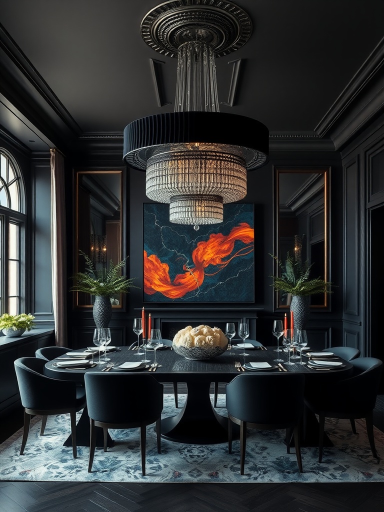 A stylish dark moody dining room featuring a bold chandelier, artwork, and elegant dining table.