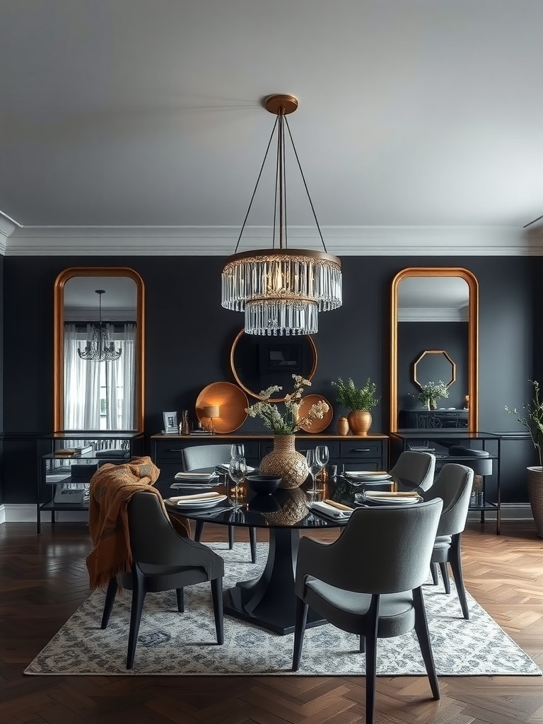 A moody dining room featuring elegant mirrors, dark walls, and stylish decor.