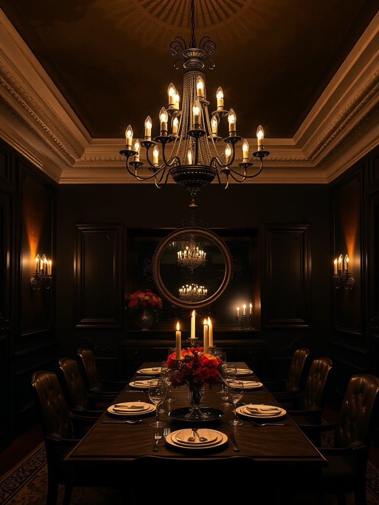 A moody dining room with a chandelier, candles, and elegant decor.