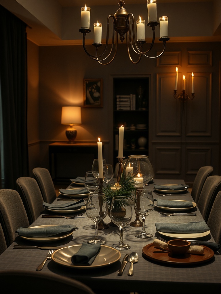 A moody dining room with soft lighting, candles, and elegant table settings.