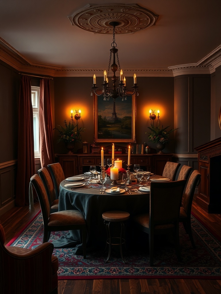 A dark moody dining room featuring a round table set for dinner with candles, flowers, and warm lighting.