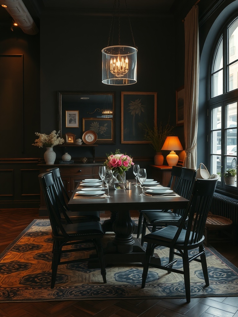 A beautifully set dark moody dining room with a shimmering chandelier and elegant table decor.