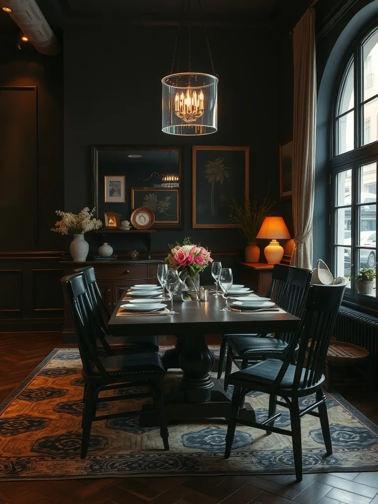 A beautifully set dark moody dining room with a shimmering chandelier and elegant table decor.
