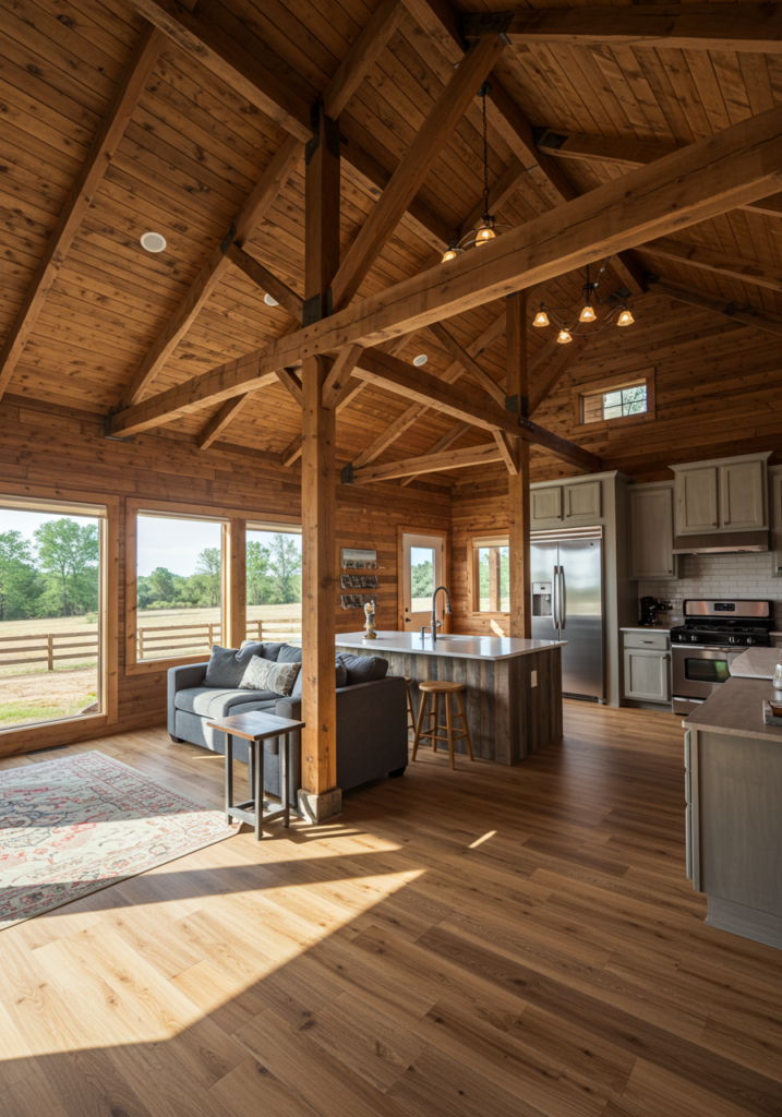Interior view of a barndominium with wooden walls and laminate flooring.
