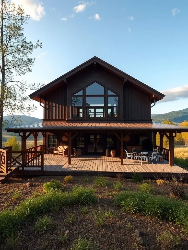 Barndominium with a wrap-around porch showcasing scenic views.