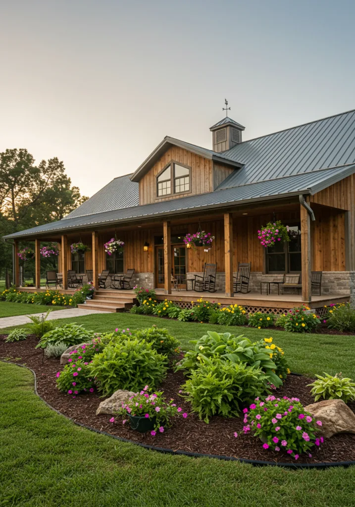 A barndominium with a wrap-around porch surrounded by lush greenery and colorful flowers.